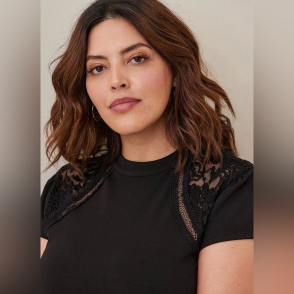 Torrid Studio Crepe Black Jersey Mock Neck Lace Inset Top Size 4X NWT - Picture 3 of 7